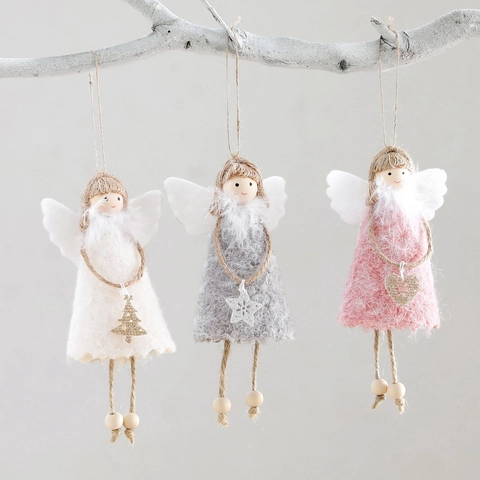 Weihnachtsengel Anhänger Handgefertigt Plüsch Strickstoff Holzperle Hanfseil Flügel Herz Stern Baum Nordic Christbaumschmuck