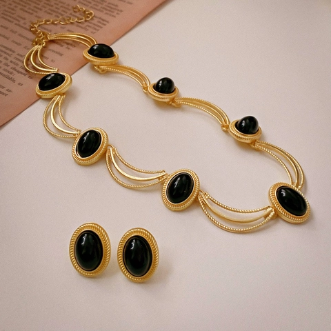 Vintage Oval Geometric Alloy Synthetic Gemstone Earrings Necklace With 925 Sterling Silver Earring Post Elegant Women