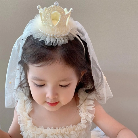 Cerchietto Per Capelli Con Corona Per Bambini Con Velo Glitter Rete Künstliche Perle Sintetiche Stelle Paillettes Accessori Per Capelli Per Ragazze Festa Della Principessa