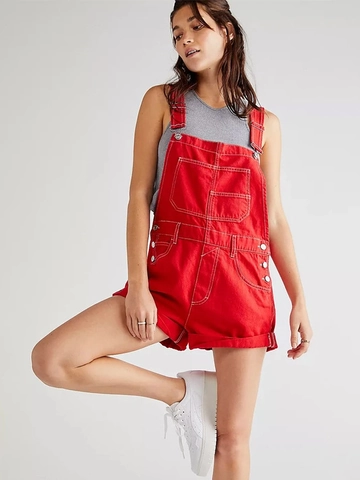Women Casual Cotton Denim Bib Overall Shorts Loose Fit Multi Pockets Adjustable Straps Vintage Cuffed Hem Dungarees