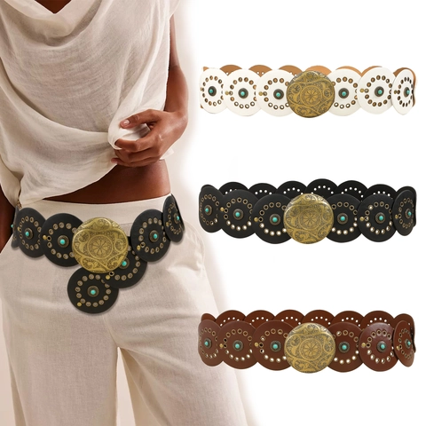 Vintage Boheemse PU Leer Riem Grote Ronde Gesp Turkoois Etnische Tailleband Decoratieve Korsetriem Voor Dames Jurken