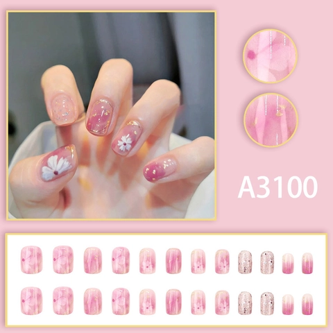 Uñas Postizas Degradado Rosa Diseño De Flor De Camelia Papel De Oro Brillo Cortas Redondas Para Mujeres