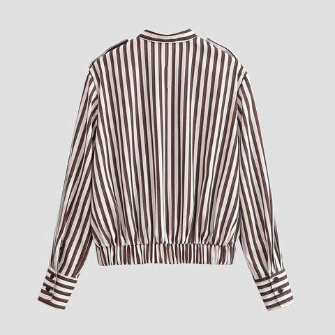 Women Striped Bomber Jacket Long Sleeve Zipper Shacket With Pocket Elastic Hem Polyester Casual Streetwear Outerwear