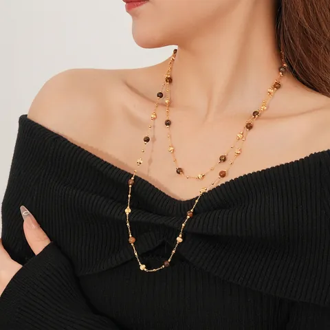 Gold Überzogene Tigerauge Stein Mehrlagige Halskette Perlen Lange Pulloverkette Retro Eleganter Schmuck Für Damen
