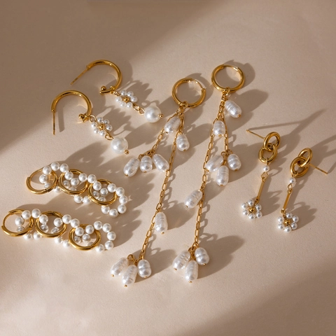 Stainless Steel Gold Plated Artificial Pearl Tassel Drop Earrings For Women Elegant Rhinestone Dangle Earrings Fashion Jewelry
