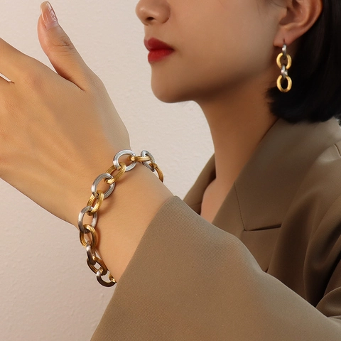 Gioielli Con Catena Spessa Bicolore Placcato Oro 18K Acciaio Al Titanio Orecchini Ovali Bracciale Da Donna