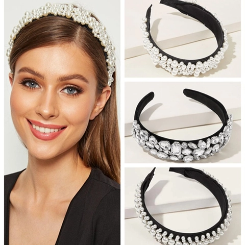 Cerchietto Largo Strass Künstliche Perle Sintetiche Imbottito Accessori Capelli Antiscivolo Cristallo Donne Festa Elegante