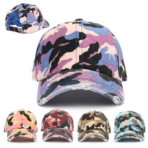 Camouflage Baseball Cap Cotton Polyester Washed Distressed Ponytail Hole Criss Cross Elastic Adjustable Retro Hat Women