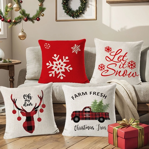 Housse De Coussin De Noël Lin Plaid Renne Flocon De Neige Camion Rouge Carré Pour Canapé Maison Fête Décoration