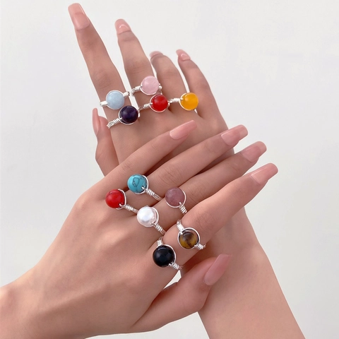 Anillos De Alambre De Cobre Tejidos A Mano Para Mujer Boho Piedra Natural Perla Artificial Redonda Ajustable Joyería Retro