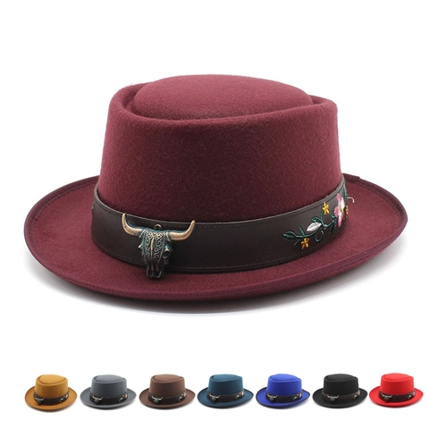Chapeau Pork Pie Vintage En Feutre De Laine Avec Décoration En Métal Tête De Taureau Et Broderie Florale Style Ethnique