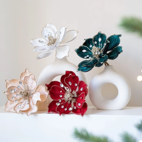 Lujosa Flor De Magnolia Artificial De Terciopelo Decoración De Árbol De Navidad Con Diamantes De Imitación Borde De Purpurina Dorada Para Boda Festival Fiesta Hogar