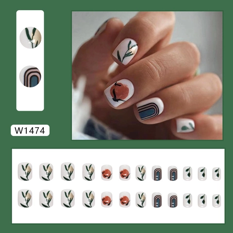 Sunset Wild Goose Press On Nails Short Square Artistic Illustration Botanical Leaf Geometric Pattern Fake Nails Women