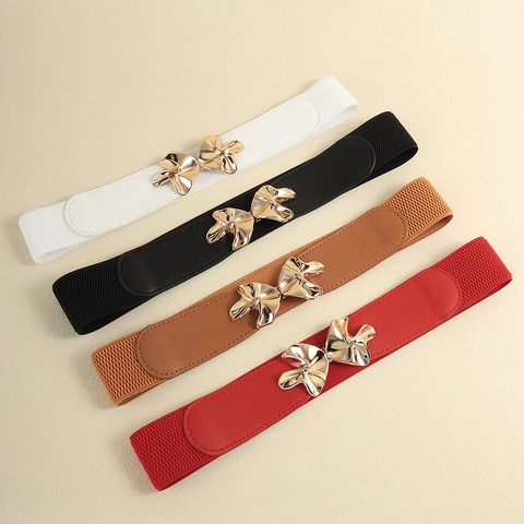 Women's Elastic Wide Waist Belt With Interlocking Metal Buckle Fashion PU Leather Corset Belt For Dresses Skirts Elegant Decorative Waistband