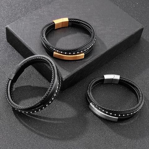 Men Multilayer Woven Leather Bracelet With Stainless Steel Magnetic Clasp Braided Rope Fashion Punk Jewelry For Male
