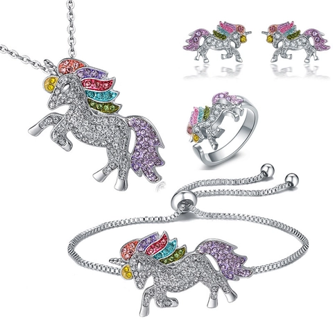 Gioielli Unicorno Lega Colorati Strass Arcobaleno Ciondolo Collana Bracciale Anello Orecchini Regalo Ragazze Accessori