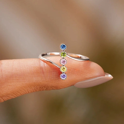 Adjustable Open Ring Copper Colorful Cubic Zirconia Geometric Round Multi Color Gemstone Jewelry For Women