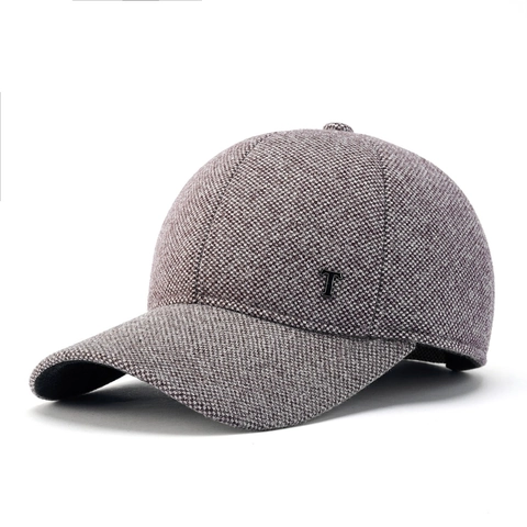 Men Winter Baseball Cap Thick Fleece Lined Ear Flaps Warm Windproof Tweed Polyester Wool Outdoor Sport Hat Metal T Decor