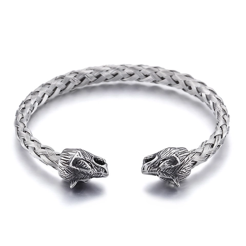 Men Wolf Head Braided Open Cuff Bracelet Stainless Steel Viking Nordic Retro Bangle Jewelry