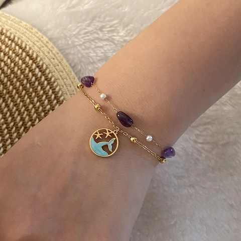 Double Layer Bracelet Stainless Steel Natural Stone Shell Starfish Fish Tail Charm Adjustable Summer Beach Jewelry For Women