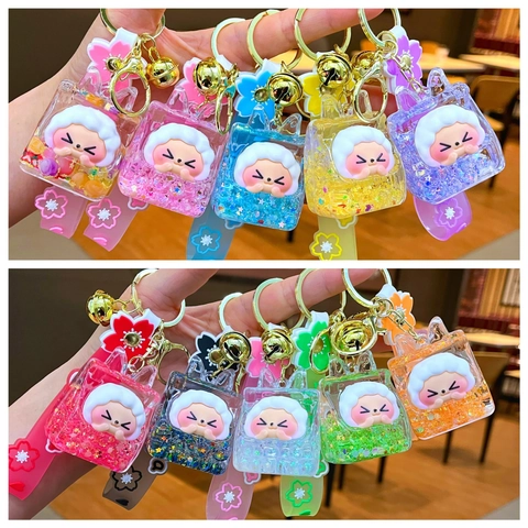 Cartoon Quicksand Liquid Bottle Keychain Cute Sheep Keyring With Silicone Strap And Bell For Bag Charm Women Accessory