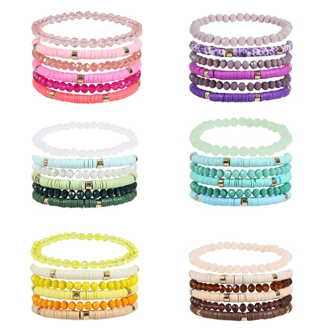 Böhmische Stapelbare Armbänder Polymer Ton Heishi Kristallglas Perlen Legierung Elastischer Sommer Strandschmuck