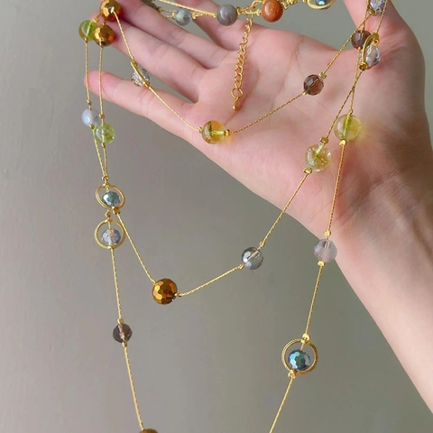 Collana Lunga Perline Vintage Multistrato Pietra Cristallo Artificiale Sfaccettato Stile Bohémien Per Donna
