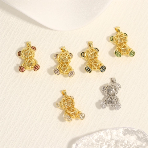 Pendente Orsetto Cavo Geometrico Micro Pavé Zirconia Cubica Colorata Rame Placcato Oro 18K Fai Da Te