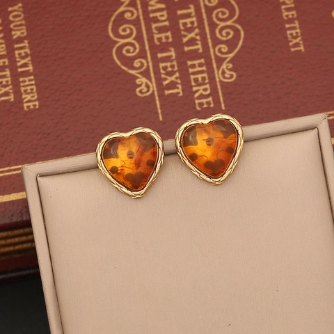Pendientes De Botón De Corazón Vintage Acero Inoxidable Chapado En Oro Textura Resina Ámbar Mármol Estilo Maillard Mujer