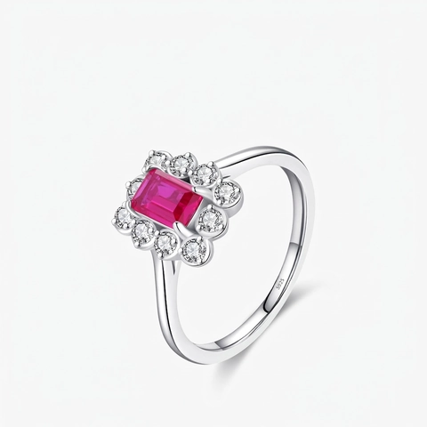 Rectangular Red Gemstone Halo Ring 925 Sterling Silver Vintage Luxury Jewelry For Women