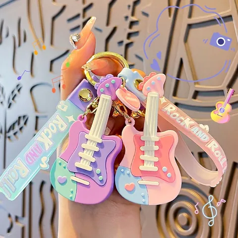 Gitarre Schlüsselanhänger Silikon PVC Musikinstrument Taschenanhänger Rock Roll Handschlaufe Cartoon Kreativ Schlüsselring