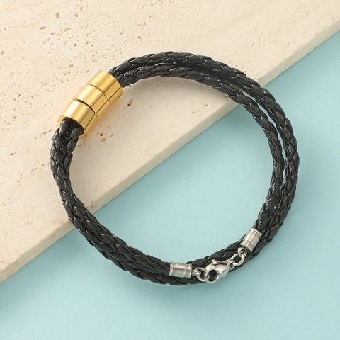Bracciale In Pelle Intrecciata Con Perle Cilindriche In Acciaio Inossidabile Braccialetto Punk Rock Per Uomo Donna Regalo