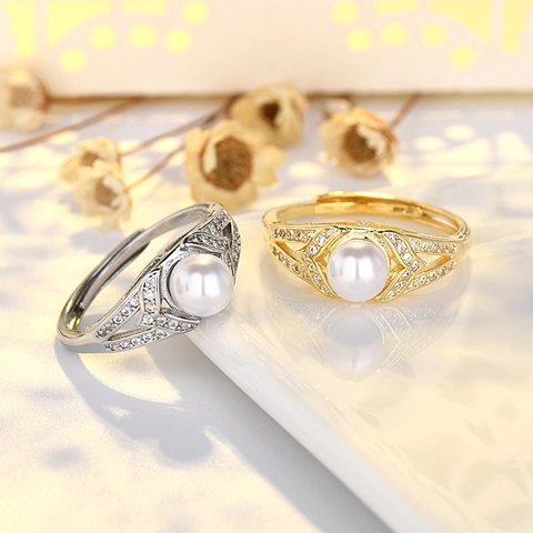 Artificial Pearl Ring Copper AAA Zircon Micro Pave Hollow Out Adjustable Open Band Vintage Elegant Fashion Jewelry For Women