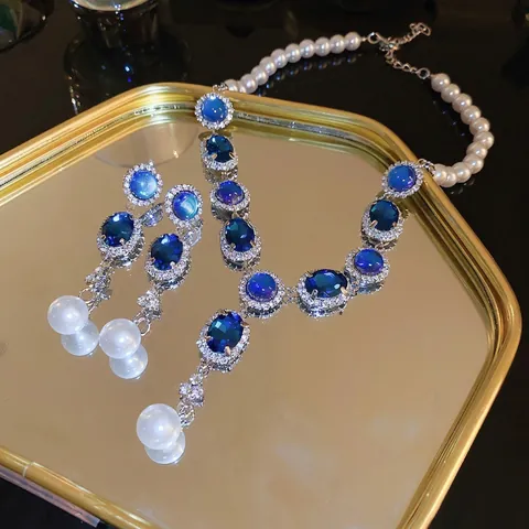 Collar Y Pendientes Vintage Franceses Gota De Agua Con Diamantes De Imitación Azul Perlas Artificiales Y Plata De Ley 925 Para Mujeres