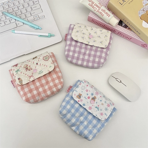 Mini Borsa Portaoggetti Gingham Trapuntata Stampa Cartoni Animati Organizzatore Di Assorbenti Sacchetto Per Cosmetici