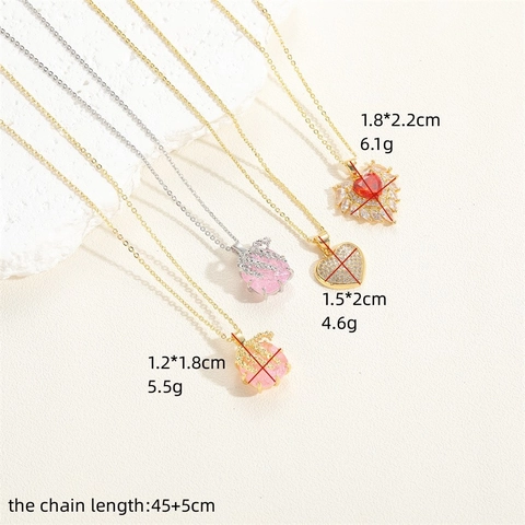 Heart Pendant Necklace Copper With Cubic Zirconia Pink Red Stone Claw Setting Elegant Clavicle Chain Jewelry For Women