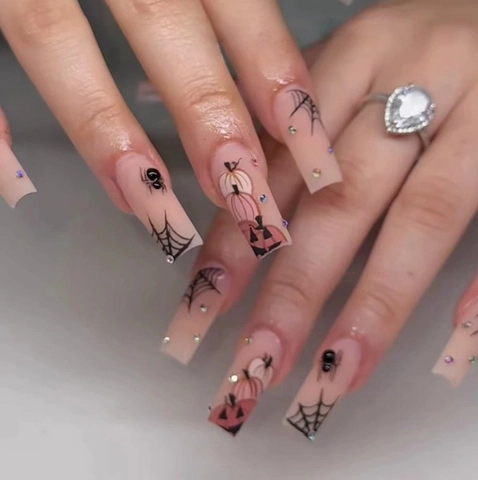 Halloween Uñas Postizas A Presión Coffin Larga Mate Nude Artificiales Calabaza Telaraña Diamantes De Imitación Para Mujeres