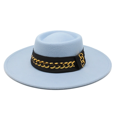 Elegant Woolen Fedora Hat Wide Brim Gold Metal Chain Black Ribbon Flat Top Classic Solid Color Party Wedding For Women Men