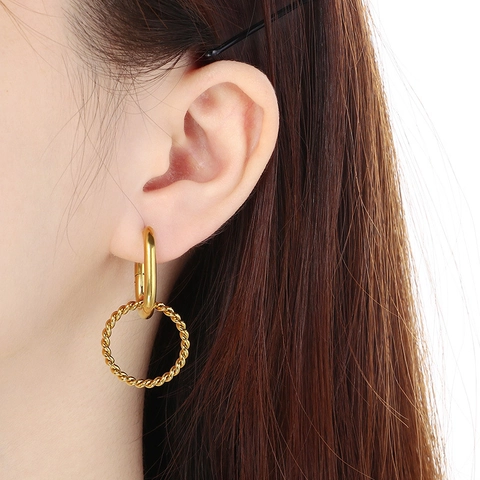 Edelstahl Gedrehte Creolen Minimalistisch Geometrisch Vergoldet Dual Ring Huggie Für Damen Modeschmuck