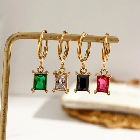 Französischer Stil Edelstahl Geometrische Ohrringe Vergoldet Bunte Zirkonia Rechteck Anhänger Ohrringe Für Damen Schmuck