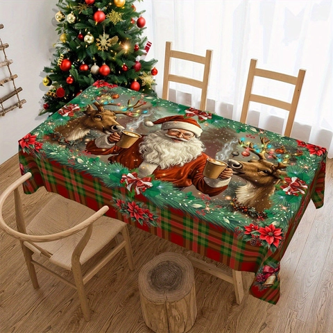 Christmas Tablecloth Digital Print Santa Snowman Reindeer Rectangular Polyester Flannelette Holiday Table Decoration
