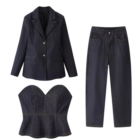 Blazer In Denim Da Donna Top Corsetto E Pantaloni Larghi Blu Scuro Completo Moda Casual Retrò