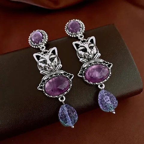 Vintage Cat Head Drop Earrings With Purple Rhinestone Oval Stone And 925 Sterling Silver Earring Post For Women Accessory