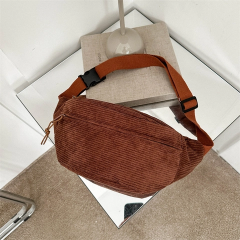 Corduroy Chest Bag For Women Solid Color Retro Waist Bag With Adjustable Strap Streetwear Niche Style Crossbody Bag