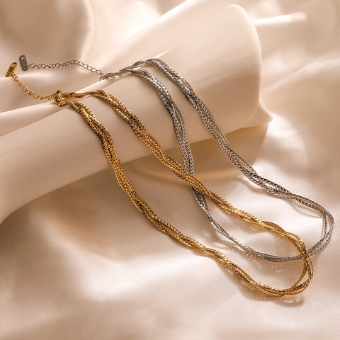 Minimalist Stainless Steel Necklace Multi Strand Braided Twisted Chain Gold Plated Adjustable Trendy Clavicle Jewelry