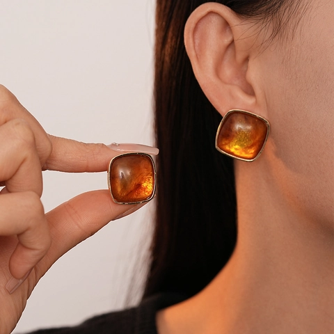 Vintage Square Resin Stud Earrings Geometric Style With 925 Sterling Silver Earring Post Retro For Women