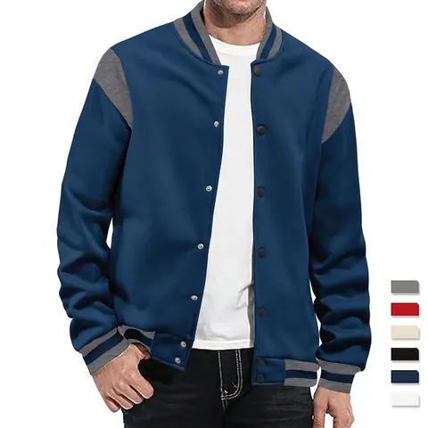 Men Varsity Jacket Patchwork Snap Button Long Sleeve Casual Sporty Outerwear Fashion Coat Polyester Spandex