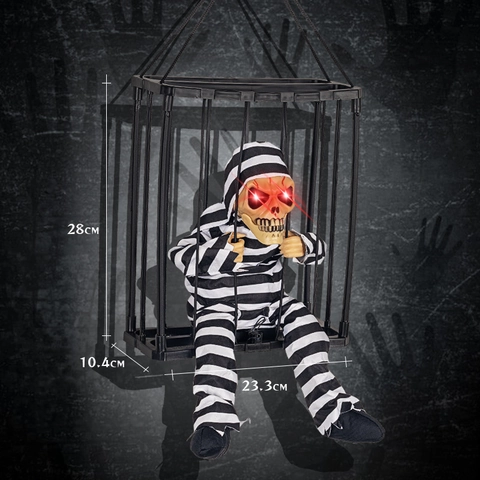 Halloween Animated Caged Ghost Prisoner Skeleton Prop Sensor Activated Light Up Red Eyes Sound Scary Decoration Haunted House Decor