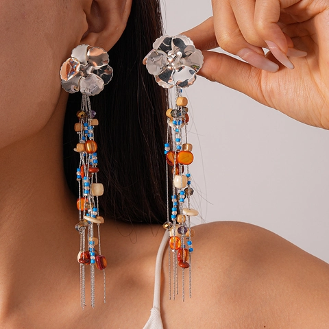 Flower Long Tassel Earrings With 925 Sterling Silver Earring Post Bohemian Colorful Beaded Shell Resin Jewelry