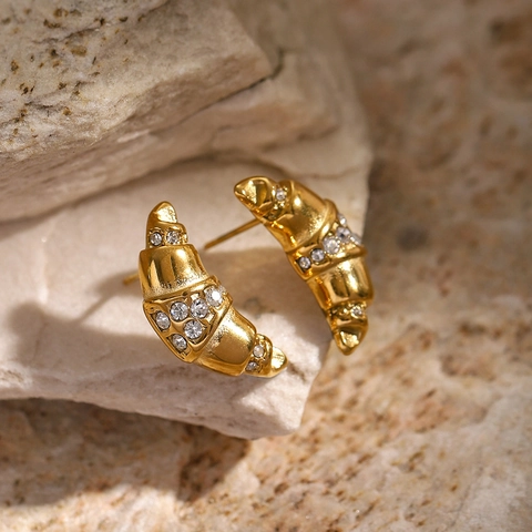 Pendientes de Aro Croissant de Acero Inoxidable Bañados en Oro 18K para Mujer Estilo Francés con Strass Incrustado